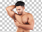 Muscular man, skincare and strong model, wellness and confident with studio background. Happy male, sexy and fitness for body healthy care, smooth and glowing skin for bodybuilding and flex muscle