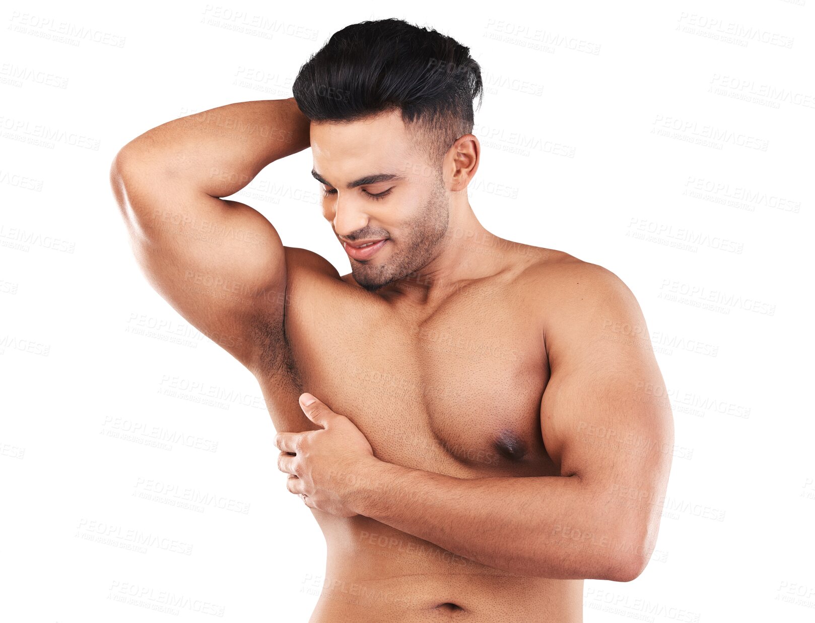 Buy stock photo Muscular man, skincare and strong model in wellness or confidence isolated on a transparent PNG background. Happy male person in fitness for healthy body care, smooth skin or clean and fresh hygiene