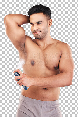 Buy stock photo Deodorant, spray and man doing cosmetic grooming armpit isolated in a transparent or png background. Perfume, scent and young male person use fragrance as self care, hygiene and cosmetics clean