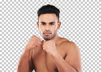 Buy stock photo Boxing fight, fist and man in portrait for sports, MMA or martial arts training, competition or power. Fitness, workout and face of person or boxer exercise isolated on transparent, png background