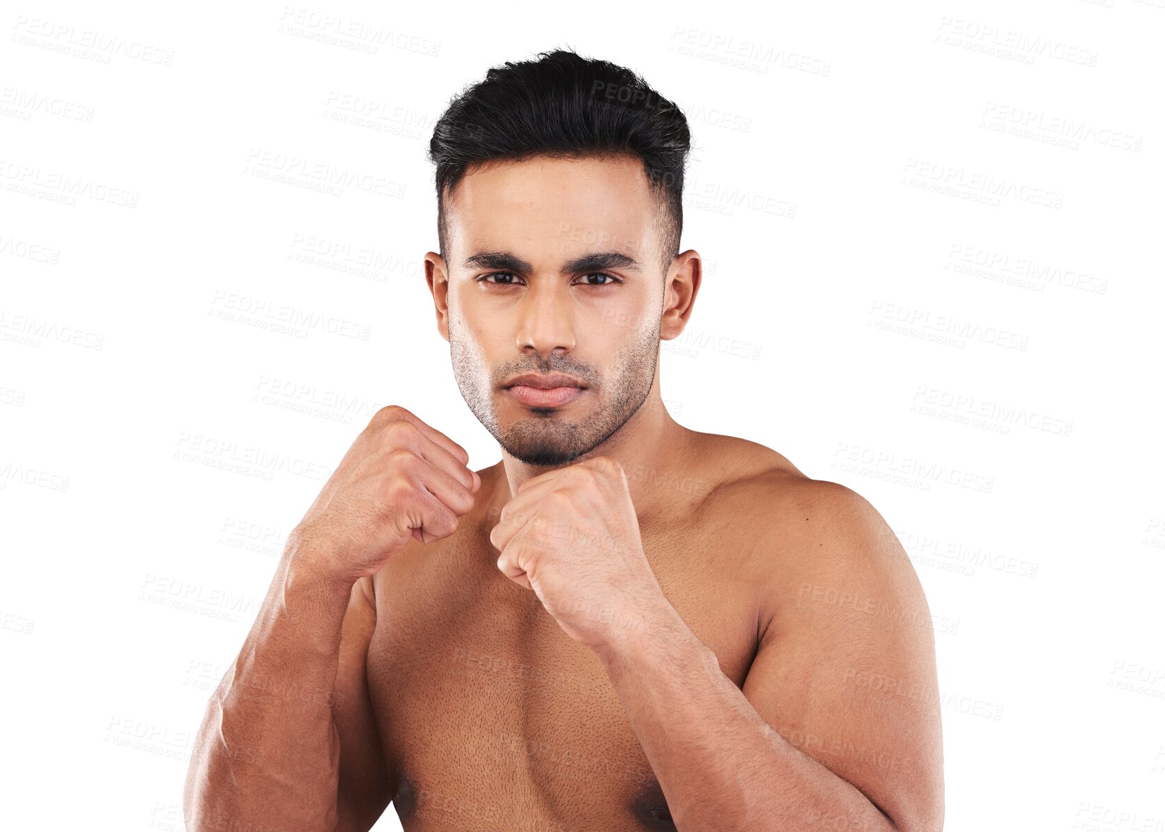 Buy stock photo Boxing fight, fist and man in portrait for sports, MMA or martial arts training, competition or power. Fitness, workout and face of person or boxer exercise isolated on transparent, png background