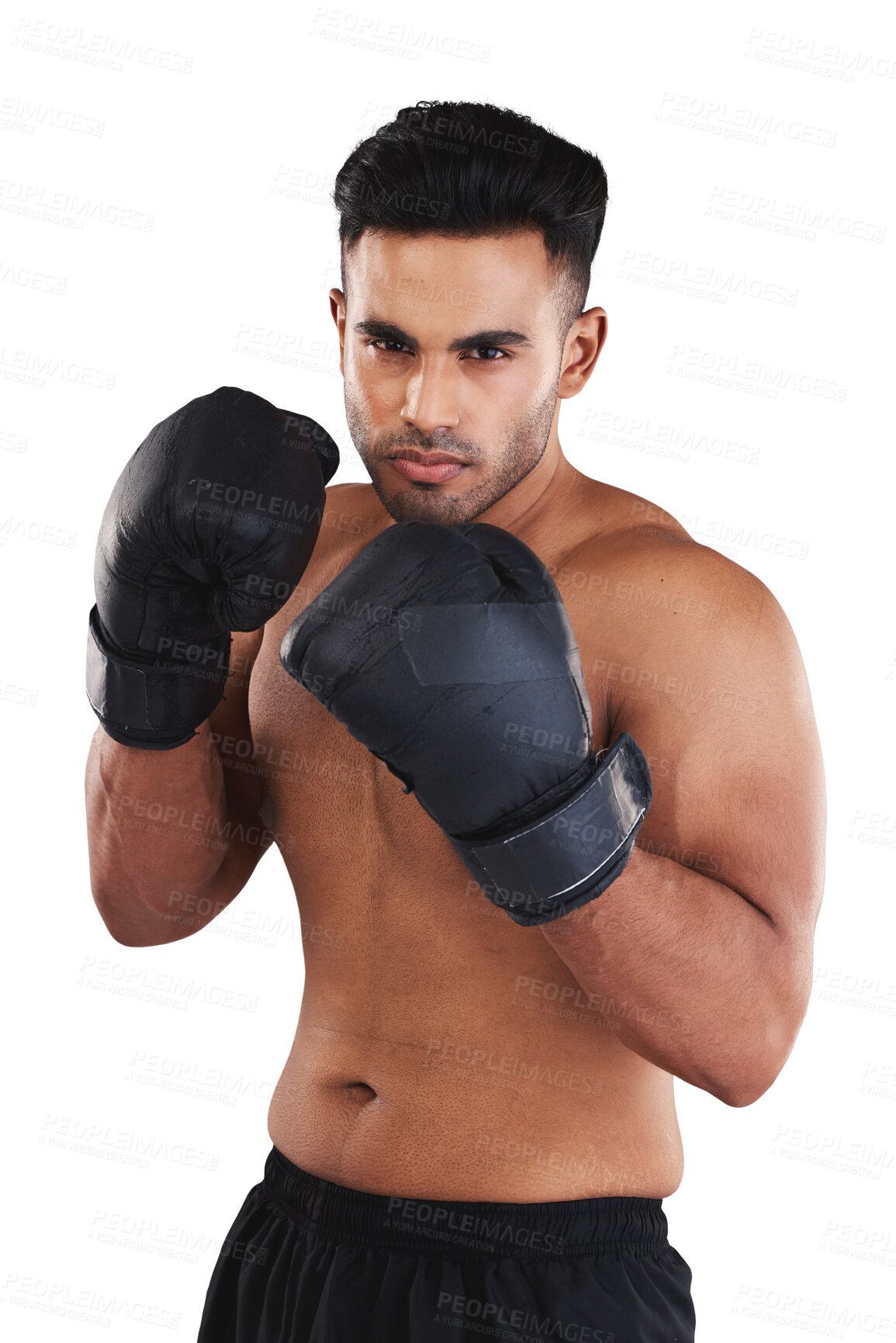 Buy stock photo Fitness, portrait of serious man with boxing gloves and isolated in a transparent png background. Training or workout, exercise or motivation and mma with male athlete pose for martial arts sports