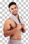 Studio portrait smile, man towel fitness against grey wall for cosmetics beauty and healthy skin. Skincare health model, happy cosmetic face and bathroom cloth to relax with happiness  background