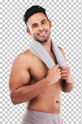 Buy stock photo Portrait, body muscle and man with towel isolated on a transparent png background. Abs, topless and happy male model with cloth after shower for exercise, fitness and workout, health and wellness.