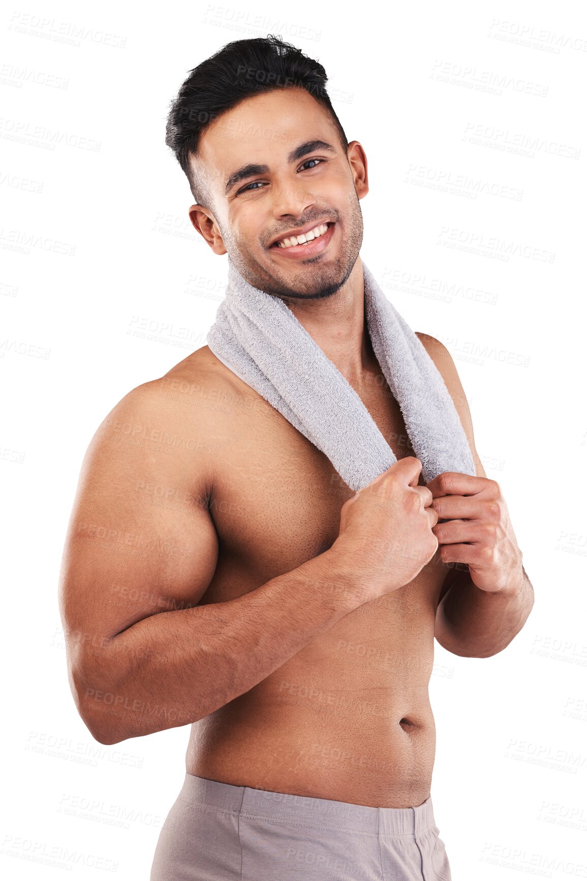 Buy stock photo Portrait, body muscle and man with towel isolated on a transparent png background. Abs, topless and happy male model with cloth after shower for exercise, fitness and workout, health and wellness.