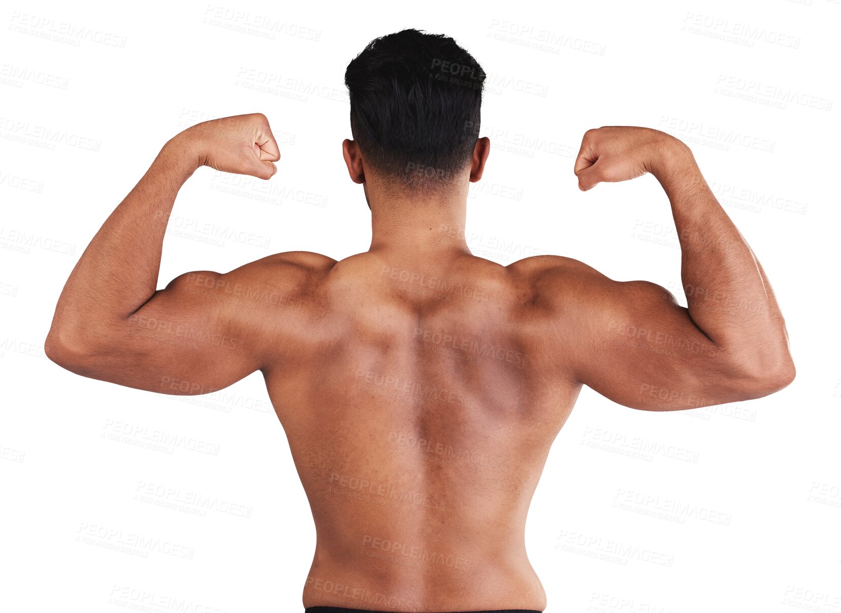 Buy stock photo Fitness, back and man flexing muscle in bodybuilding isolated on a transparent PNG background. Rear view of muscular male person or body builder in arm flex for strength, power or workout exercise