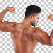 Fitness, back muscle flexing and man isolated on gray studio background.  Wellness, sports and body builder showing off biceps during training,  workout or exercise for body strength, energy or power. Stock Photo