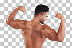 Muscle, bodybuilder and man flex, with natural body and confident with purple studio background. Muscular, young male and show arms with pride, flexing and fitness for wellness, health and motivation