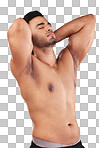 Man, nude stretching back and relax muscle wellness workout. Young calm naked person, closed eyes and physical health motivation or arm exercise stretch morning routine in grey background studio