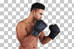 Fitness, boxing gloves and sports man ready for exercise, training and workout in studio for health, wellness and sport. Male motivation to box, fight and hit for energy, competition and inspiration