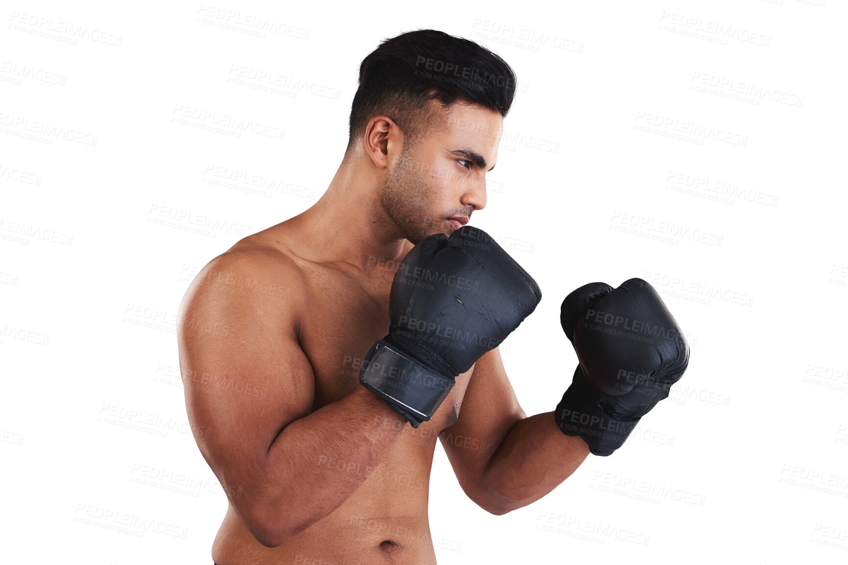 Buy stock photo Sports, boxing and strong man in gloves isolated on transparent, png background for power, fist and competition. Fitness, exercise focus and boxer or person for training in MMA or martial arts fight