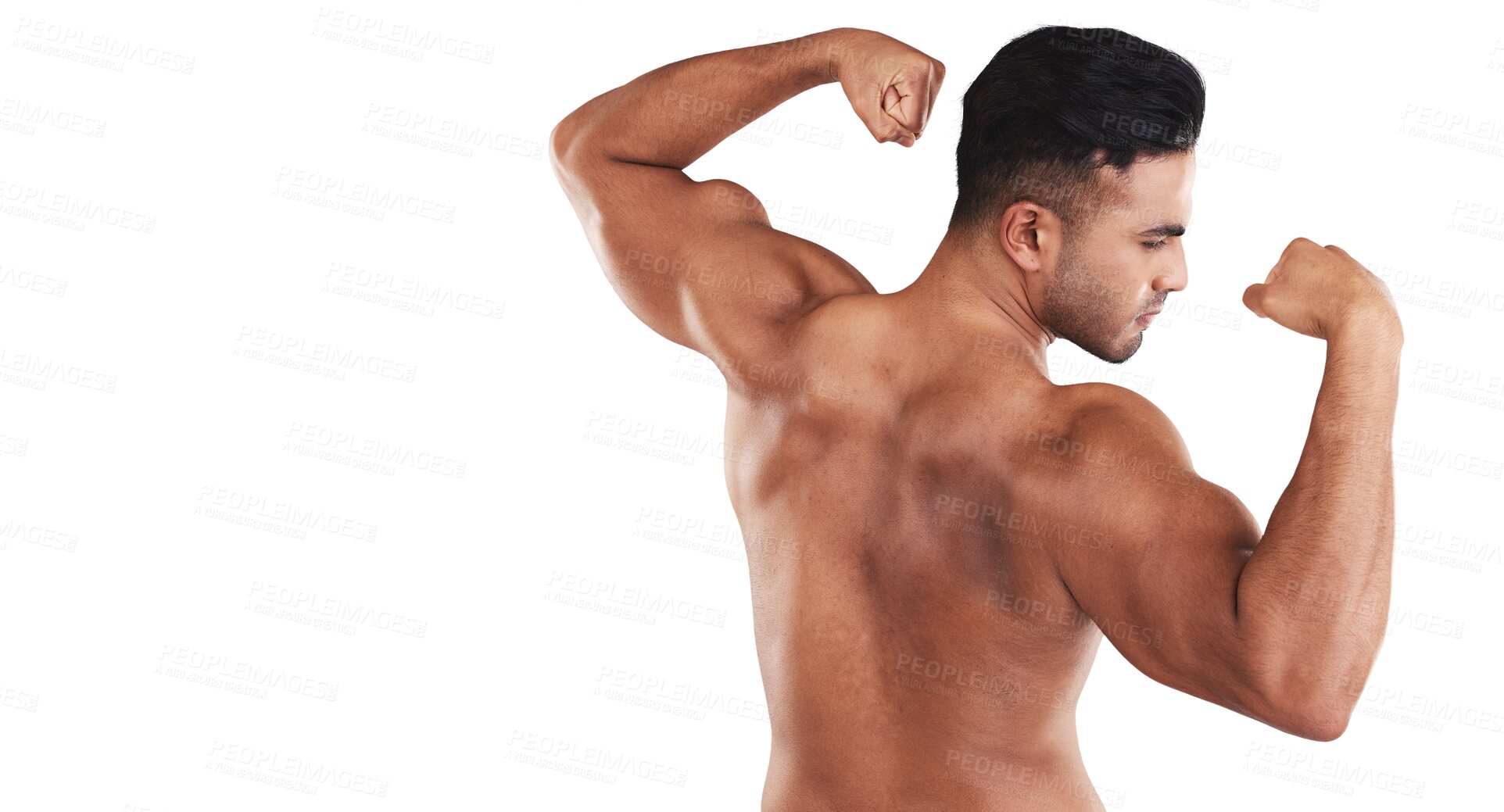 Buy stock photo Muscle, wellness and man or bodybuilder flexing after back workout isolated in a transparent or png background. Power, strong and young athlete or person with health motivation, result or goal