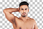 Man, beauty skincare and healthy cosmetic bodycare grooming. Portrait of young male flexing, facial and skin dermatology wellness lifestyle for mental health wellbeing in gray background studio