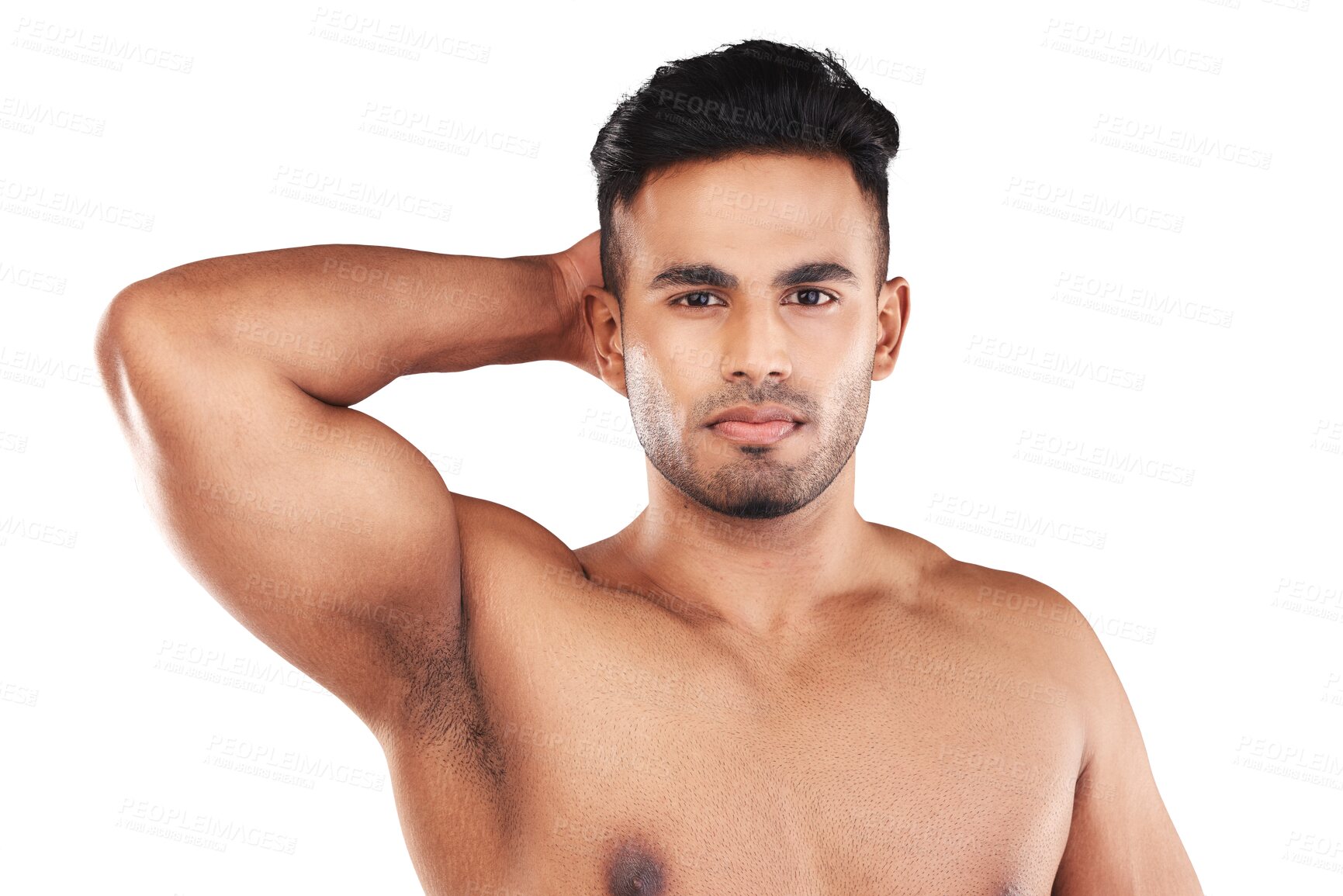 Buy stock photo Hygiene, portrait and man with armpit for skincare in png or isolated and transparent background. Arms, muscles and male body with care and cleaning with grooming for wellness and serious face.