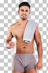 Man, body and water bottle for fitness on studio background in workout, training or exercise for health, wellness or strong muscles. Portrait, smile and happy sports athlete with drink or sauna towel