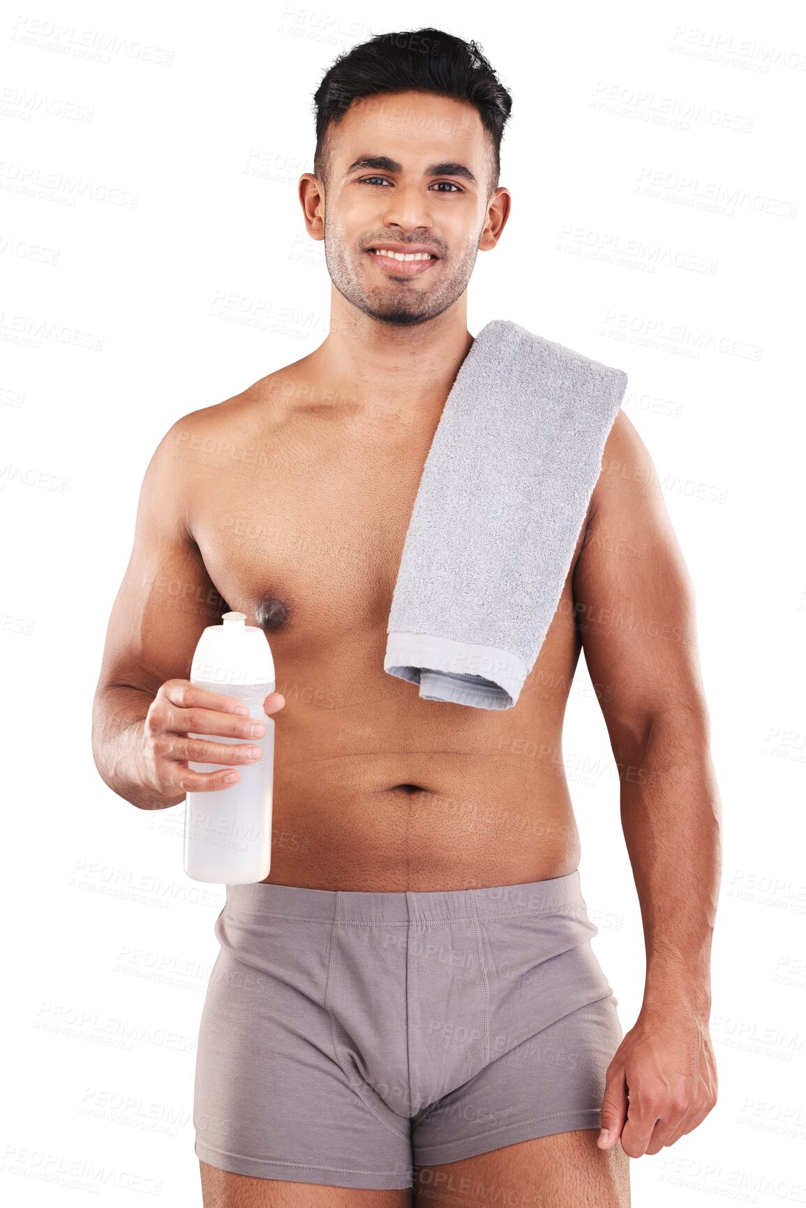 Buy stock photo Portrait, body and man with water bottle isolated on a transparent png background. Towel, topless and happy athlete with drink after exercise, fitness or workout, health or wellness for strong muscle