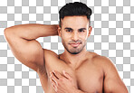 Beauty, portrait and skincare man with hand on muscular chest satisfied with body care for cosmetic advertising. Happy male model with muscles flexing healthy skin with mockup in grey studio.
