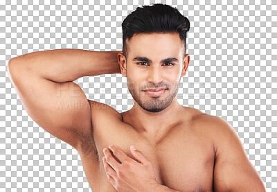 Buy stock photo Body care, wellness and portrait of a young man after a muscle workout or fitness training. Self care, health and headshot of a male athlete after exercise isolated by a transparent png background.
