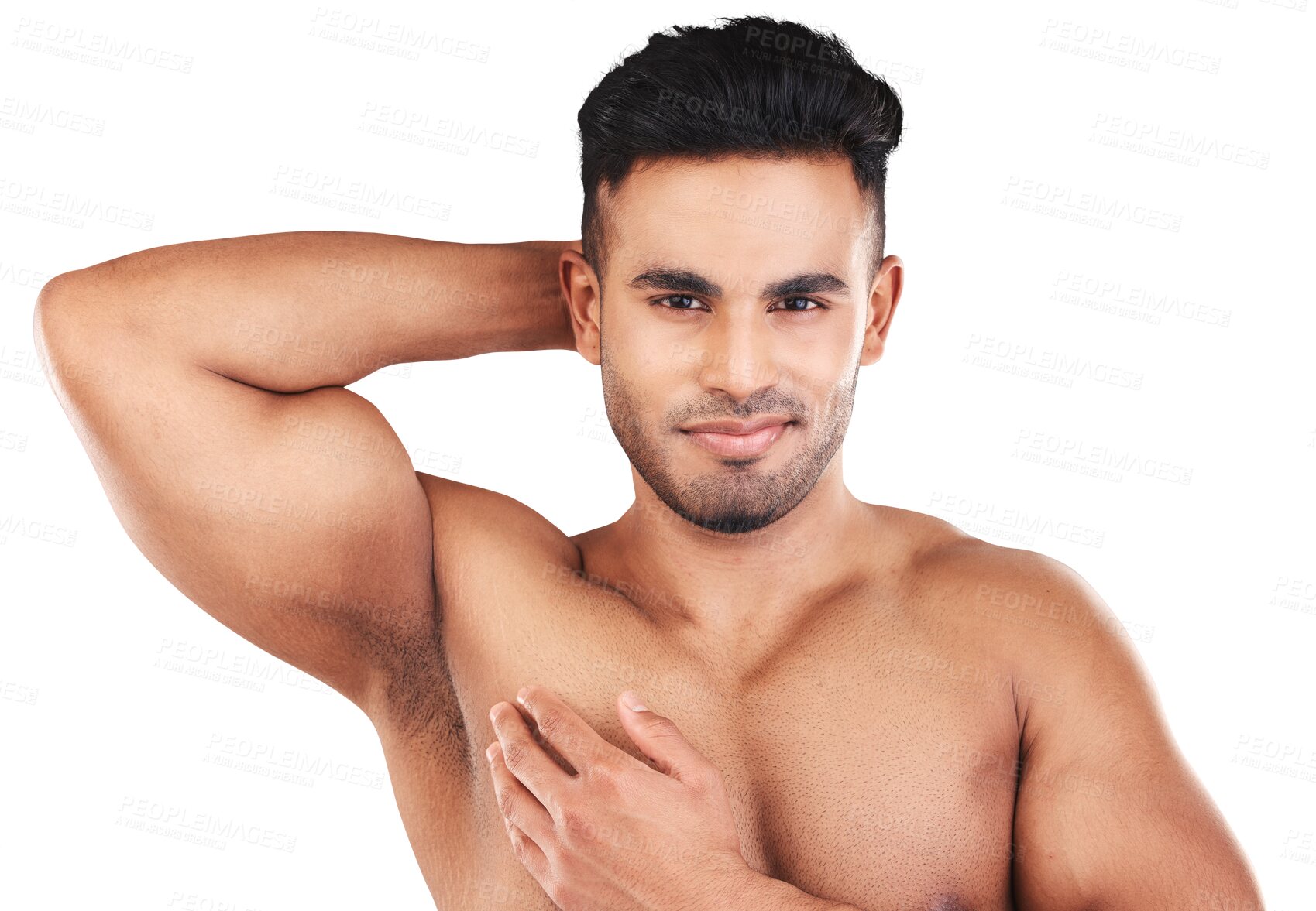 Buy stock photo Body care, wellness and portrait of a young man after a muscle workout or fitness training. Self care, health and headshot of a male athlete after exercise isolated by a transparent png background.
