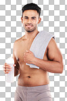 Fitness, exercise and portrait of man with towel on shoulders for wellness, sports and workout. Healthy lifestyle, training and young male with water bottle in hand isolated on gray background studio