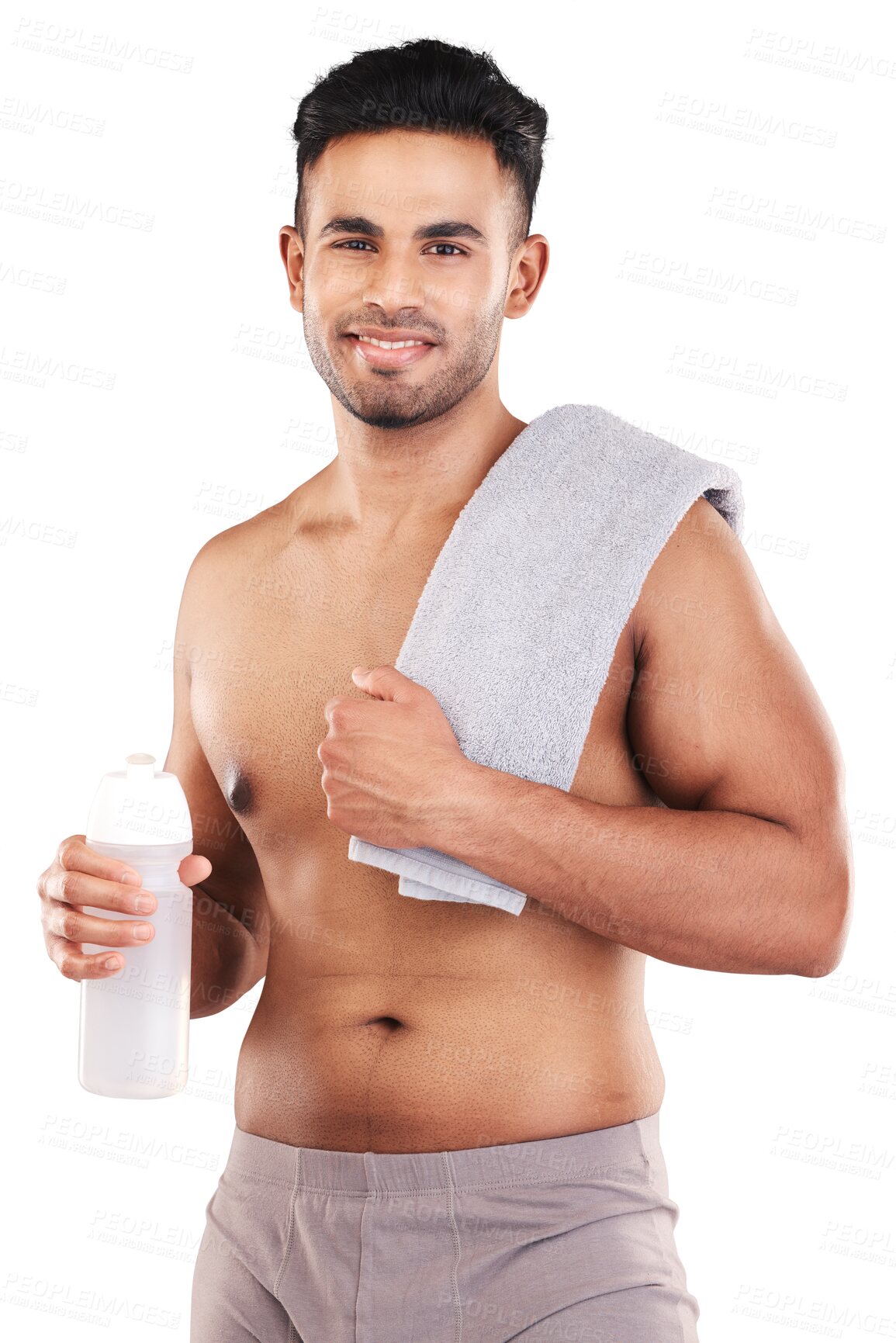 Buy stock photo Portrait, body towel and man with water isolated on a transparent png background. Topless, happy and Indian athlete with drink bottle after exercise, fitness or workout, health or wellness for muscle