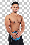 Fitness, portrait and man with a medicine ball for sports, workout and exercise against a grey studio background. Wellness, training and portrait of a young Arab athlete happy with body cardio