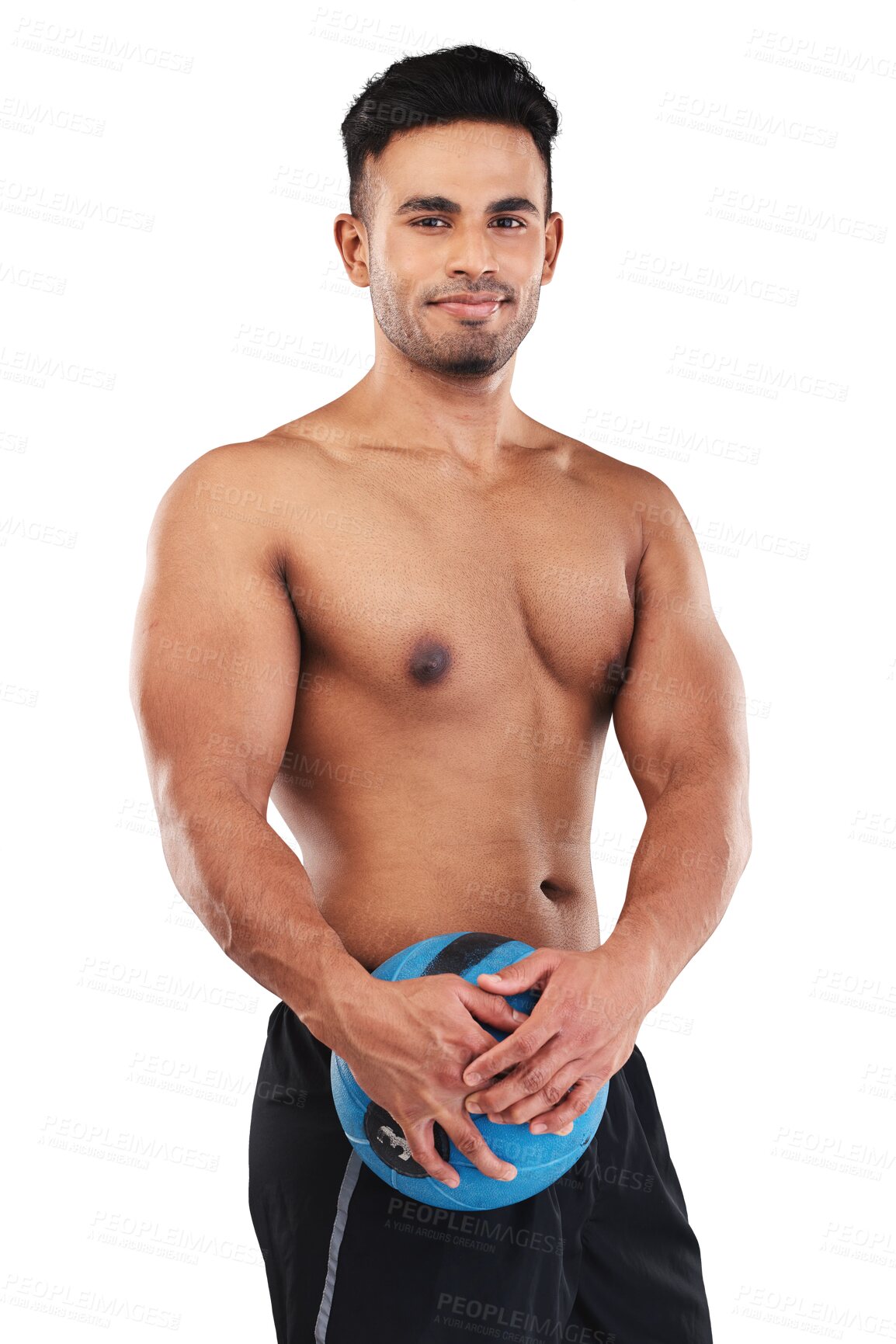 Buy stock photo Portrait, exercise and medicine ball with a shirtless man isolated on a transparent background for health. Fitness, wellness and body with a young male athlete holding sports equipment on PNG