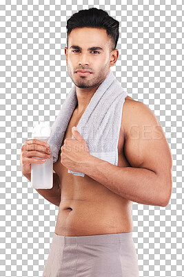 Buy stock photo Topless portrait, water and man with towel isolated on a transparent png background. Drink bottle, body and serious Indian athlete after exercise, fitness and workout for muscle, health or wellness.