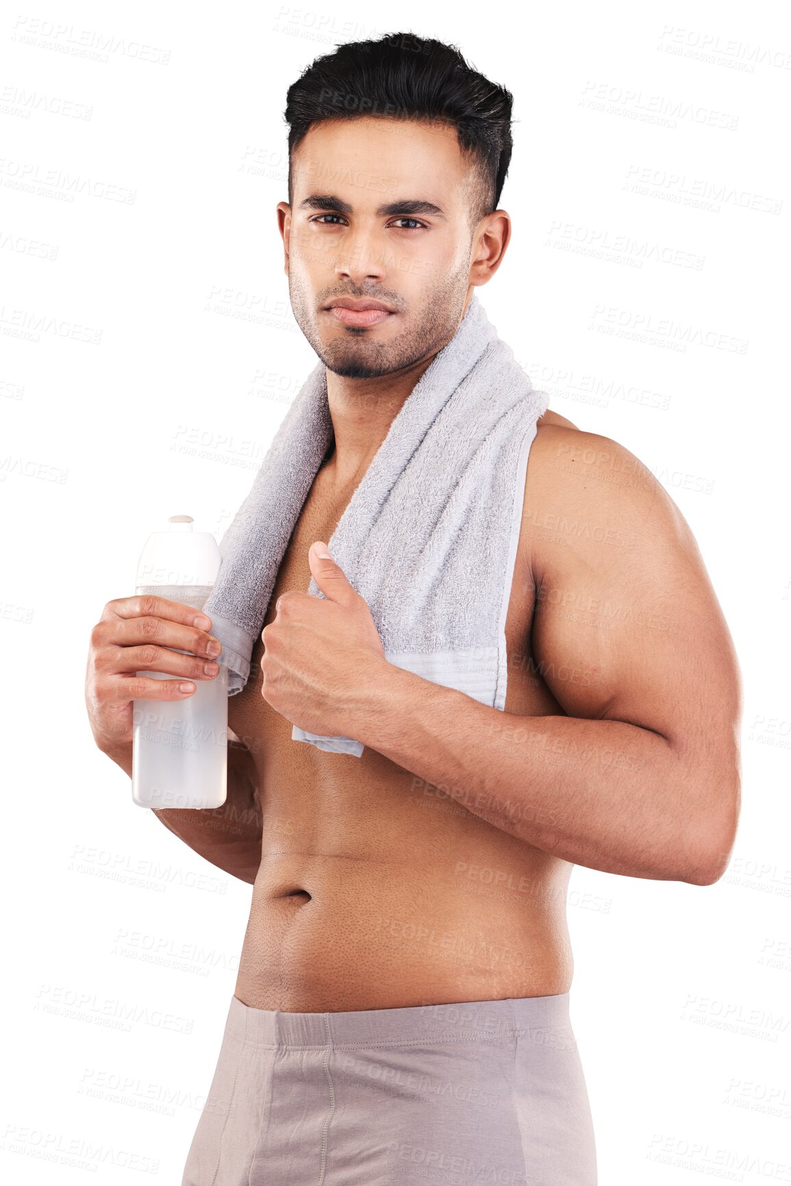 Buy stock photo Topless portrait, water and man with towel isolated on a transparent png background. Drink bottle, body and serious Indian athlete after exercise, fitness and workout for muscle, health or wellness.