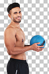 Fitness, health and man with a ball for training, workout and sports against a grey mockup studio background. Happy, cardio and portrait of a young athlete with a smile for exercise and health