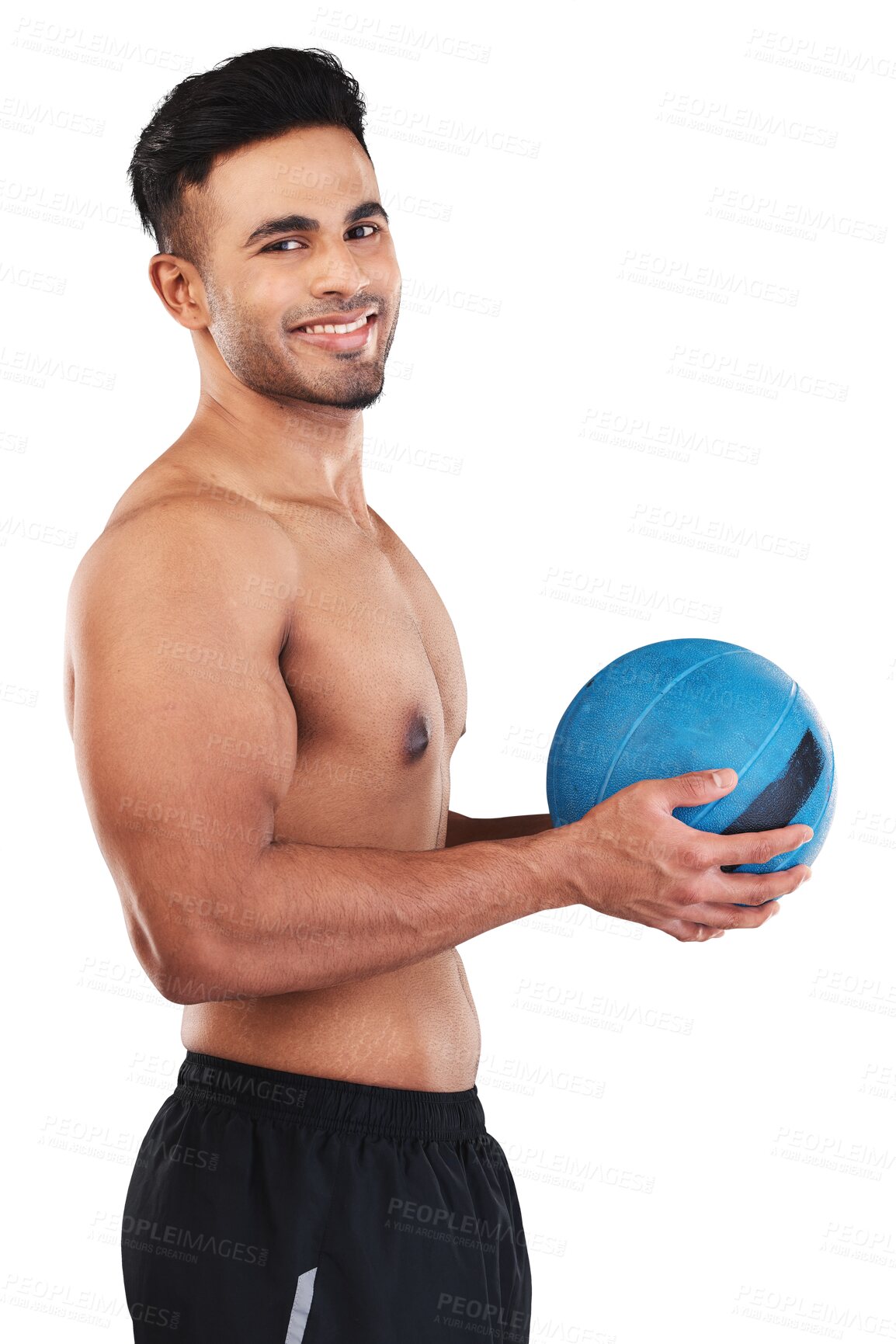 Buy stock photo Portrait, fitness and medicine ball with a muscular man isolated on a transparent background for health. Exercise, wellness and body with a shirtless male athlete holding sports equipment on PNG