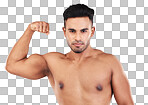 Fitness, portrait and man flexing his bicep for motivation, energy and power in a studio. Wellness, health and athlete from Mexico with strong arm muscles after training isolated by a gray background