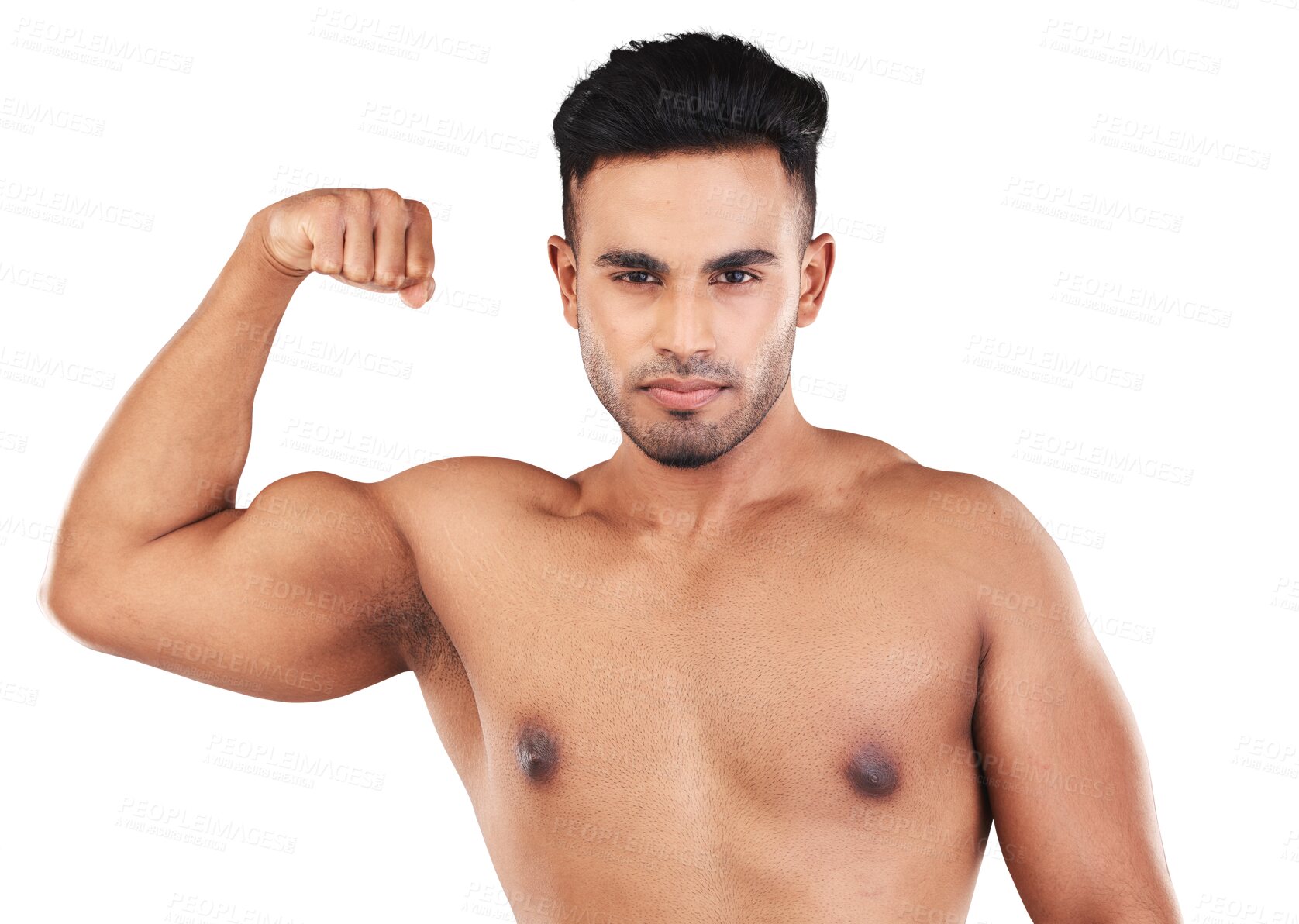 Buy stock photo Flex, portrait of a man with strong muscles and isolated against a transparent png background. Serious body builder or muscular, fitness or motivation and shirtless male athlete for health wellness