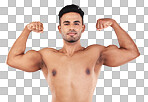 Fitness, portrait and man flexing muscle on gray studio background. Sports, wellness and proud Indian body builder showing biceps, power and arm strength during training, exercise or body workout.
