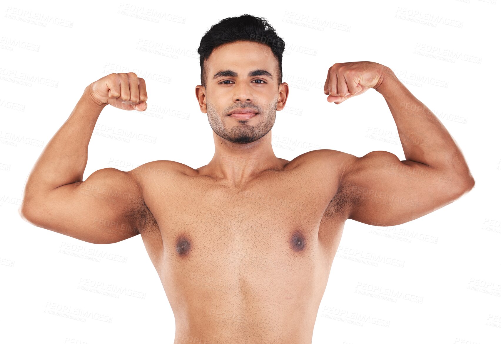 Buy stock photo Bodybuilder, portrait of a man flex his muscles and strong isolated against a transparent png background. Strength or fitness, workout or health wellness and shirtless male athlete pose with biceps