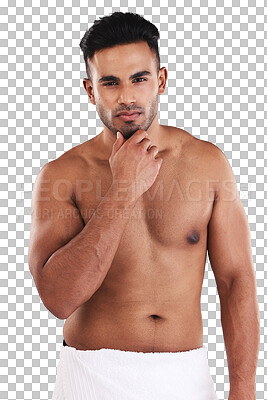 Buy stock photo Skincare, portrait of a man and isolated on a transparent png background. Beauty cosmetics or muscle body, cleaning for selfcare or hygiene and serious, shirtless male person for health wellness