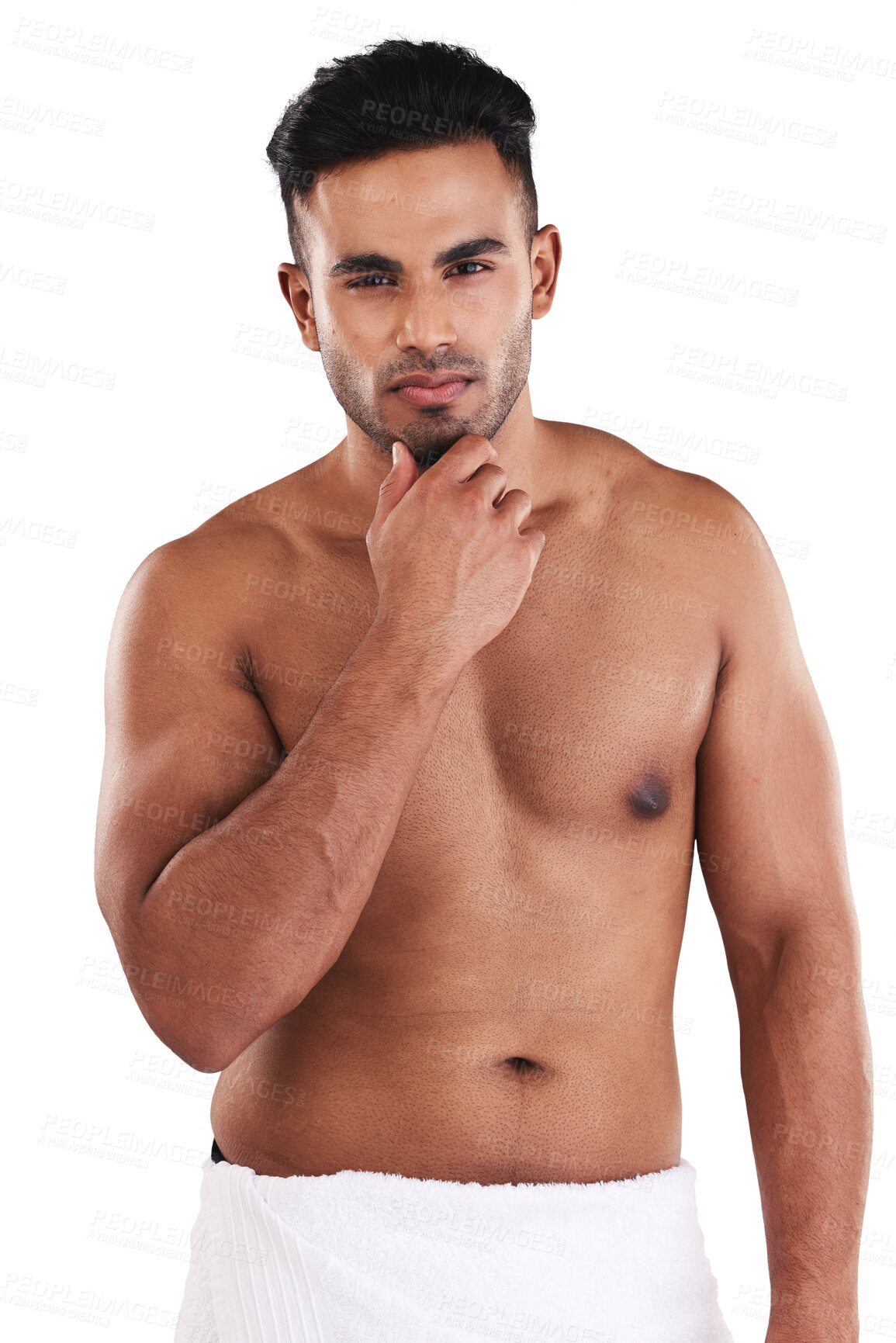 Buy stock photo Skincare, portrait of a man and isolated on a transparent png background. Beauty cosmetics or muscle body, cleaning for selfcare or hygiene and serious, shirtless male person for health wellness