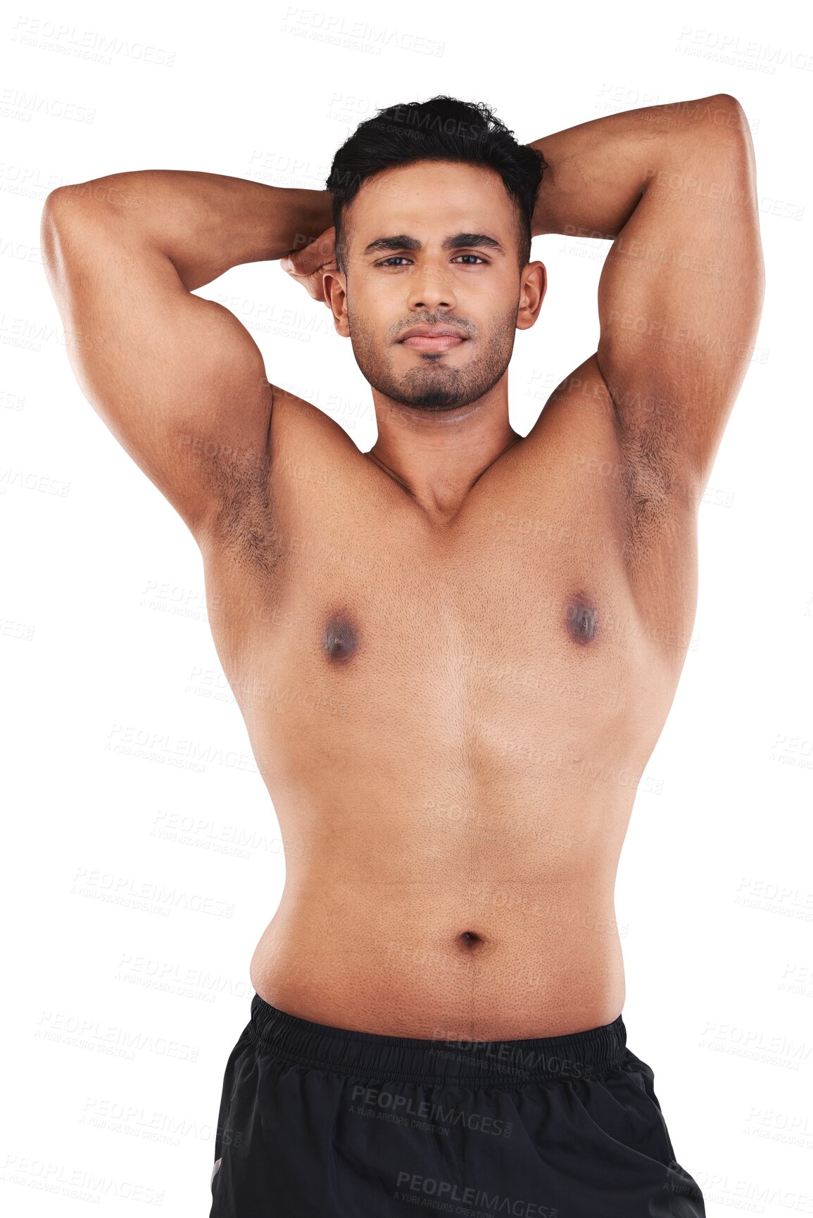 Buy stock photo Portrait, body muscle and serious man isolated on a transparent png background. Strong abs, topless bodybuilder and Indian male athlete pose for exercise, fitness and workout, health and confident.