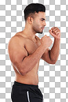 Boxing, fight and man training for a competition, event or match against a grey studio background. Fitness, exercise and focus boxer with motivation, muscle and power in fist for a fighting sport