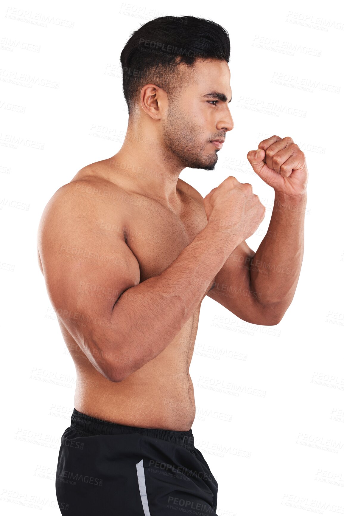 Buy stock photo Boxing, fight and strong man training, focus and competition or sports isolated on transparent png background. Fitness, exercise and boxer or athlete person with muscle, power in fist for fighting