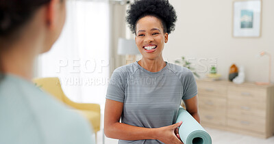 Buy stock photo Friends, yoga and women speaking in home for wellness, healthy body and fitness. Personal trainer, living room and people in conversation with gym mat for pilates, exercise and mindfulness workout