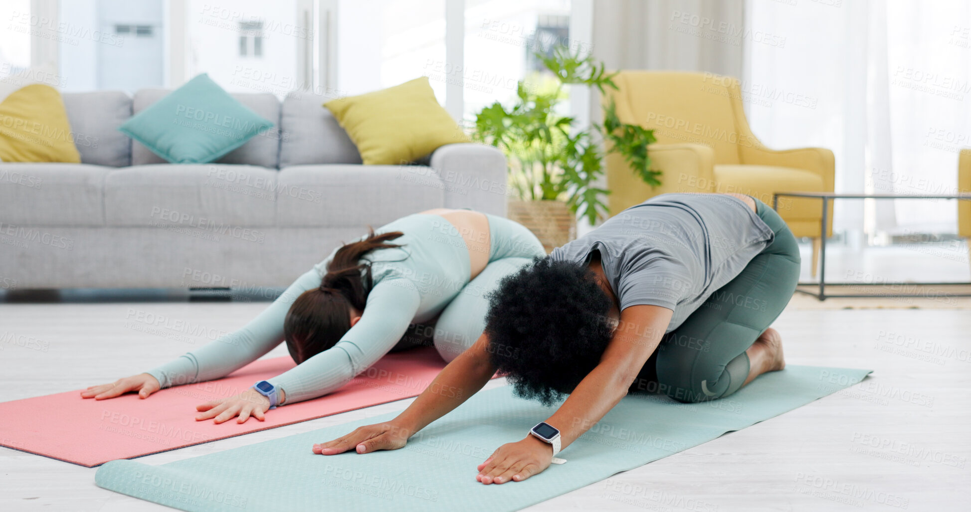 Buy stock photo Friends, yoga and women in child pose stretching for wellness, healthy body and training on floor. Balance, performance and people on gym mat for pilates, holistic exercise and workout in living room