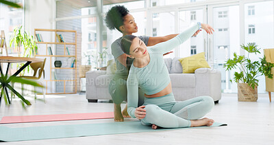 Buy stock photo Personal trainer, yoga and women in living room stretching for wellness, healthy body and fitness on floor. Friends, home and people on gym mat for pilates, exercise and support for balance or muscle