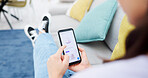 Woman, hands and phone browsing homepage, website or mobile app for ecommerce on living room sofa at home. Hand of female scrolling on smartphone screen display for beauty products on lounge couch