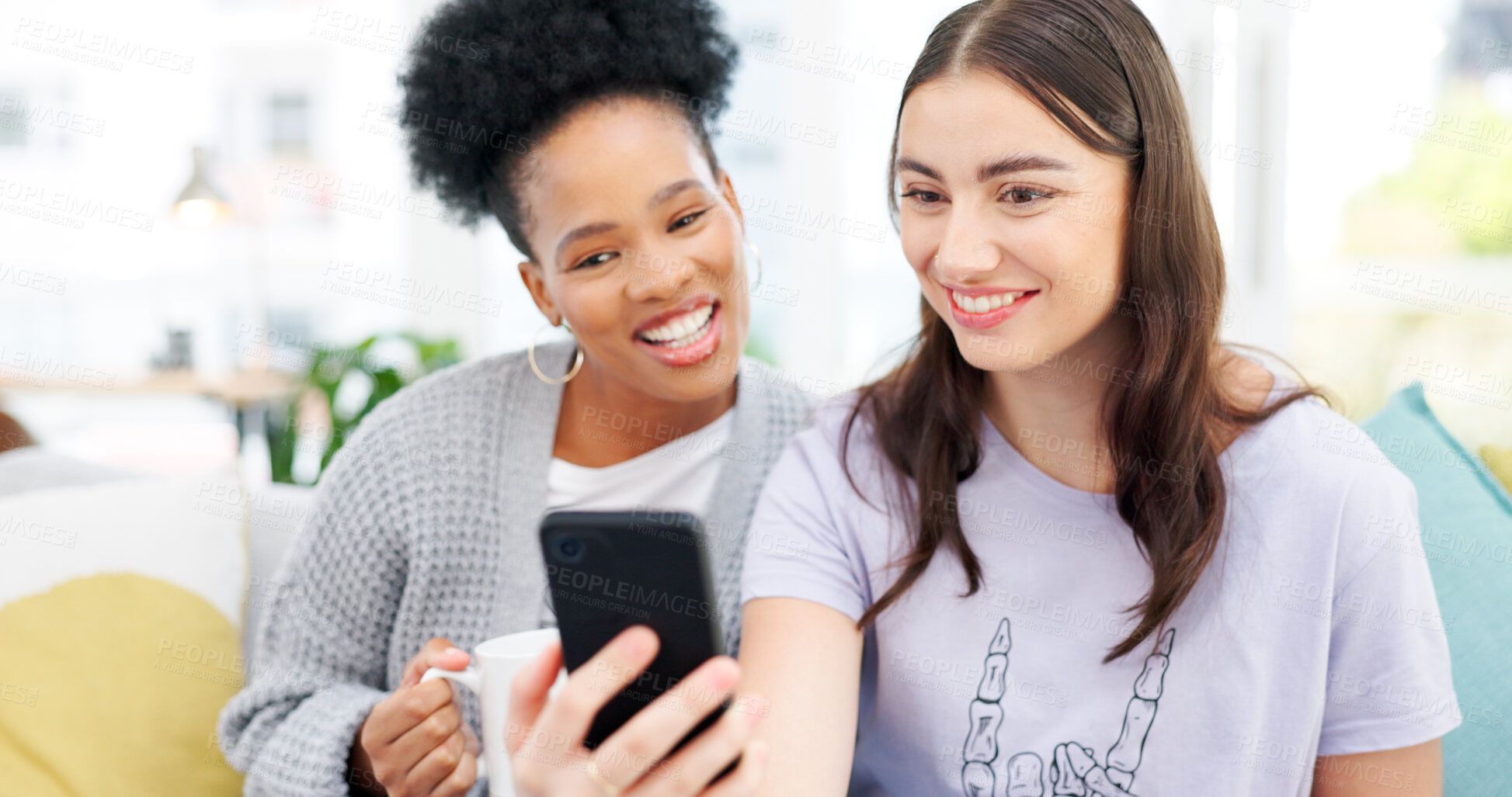 Buy stock photo Coffee, cellphone and girl friends on sofa talking, bonding and networking on social media or mobile app. Happy, conversation and young women scroll on a phone with latte in living room of apartment.