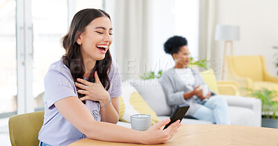 Buy stock photo Phone, laughing and young woman in the living room watching a video on social media or mobile app. Happy, cellphone and female person reading funny post on the internet in the lounge at apartment.