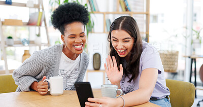 Buy stock photo Girl friends, video call and phone in coffee shop, wave and excited for conversation, talk and contact. Women together, smartphone and smile for communication, social media app and relax with tea cup