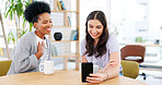 Coffee shop, phone and woman friends on a video call, waving while talking to a contact online. Cafe, mobile or virtual communication with a young woman and friend chatting in a cafe or restaurant