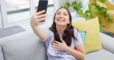 Buy stock photo Woman, selfie and sofa with smile, home and happy for post on web blog, internet and relax in living room. Influencer girl, excited and photography for memory, profile picture and social network app