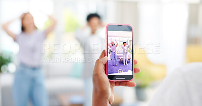 Buy stock photo Cellphone, woman and influencer recording video for social media, vlog or online post dancing at home. Hands, phone and female content creator live streaming and moving to music in living room.